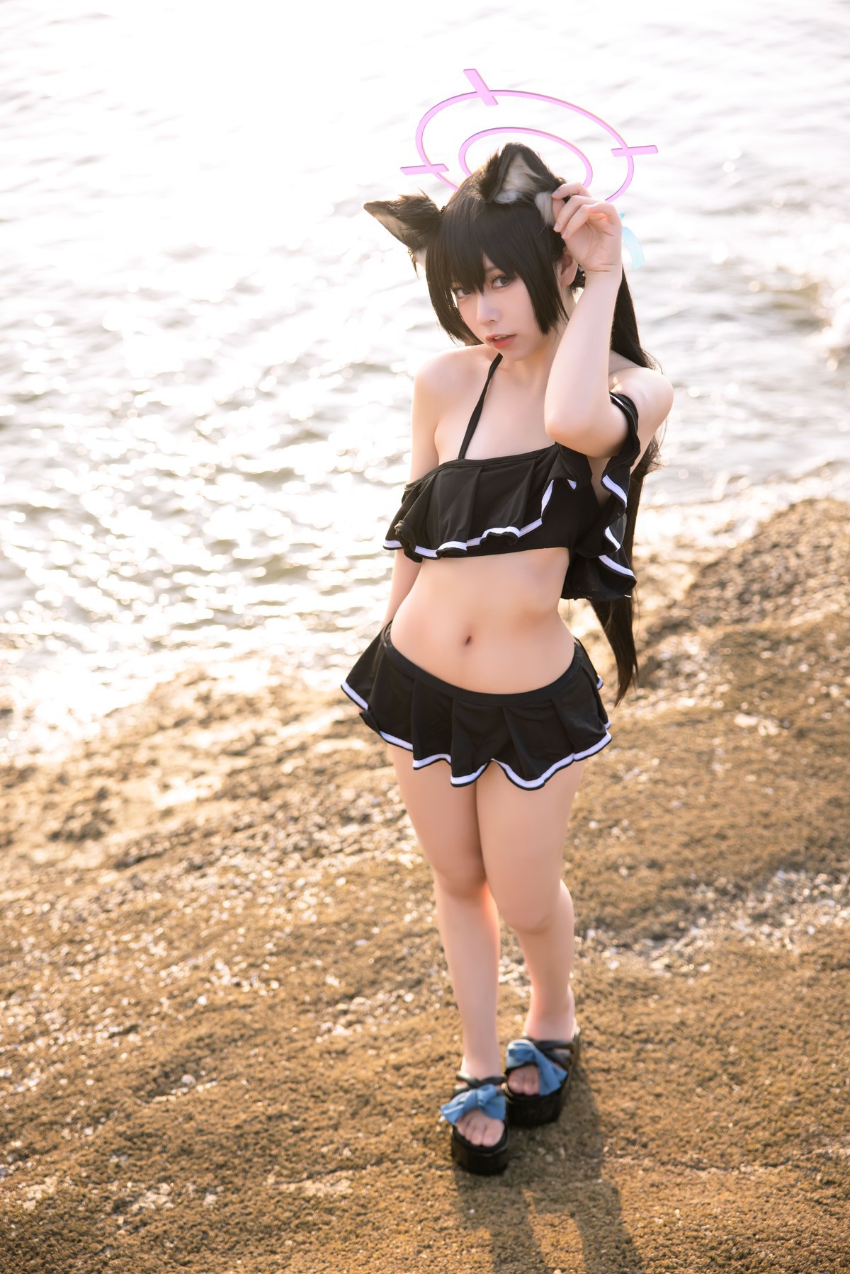 Cosplay G44不会受伤 碧蓝档案 黑見芹香 海边泳装(18)