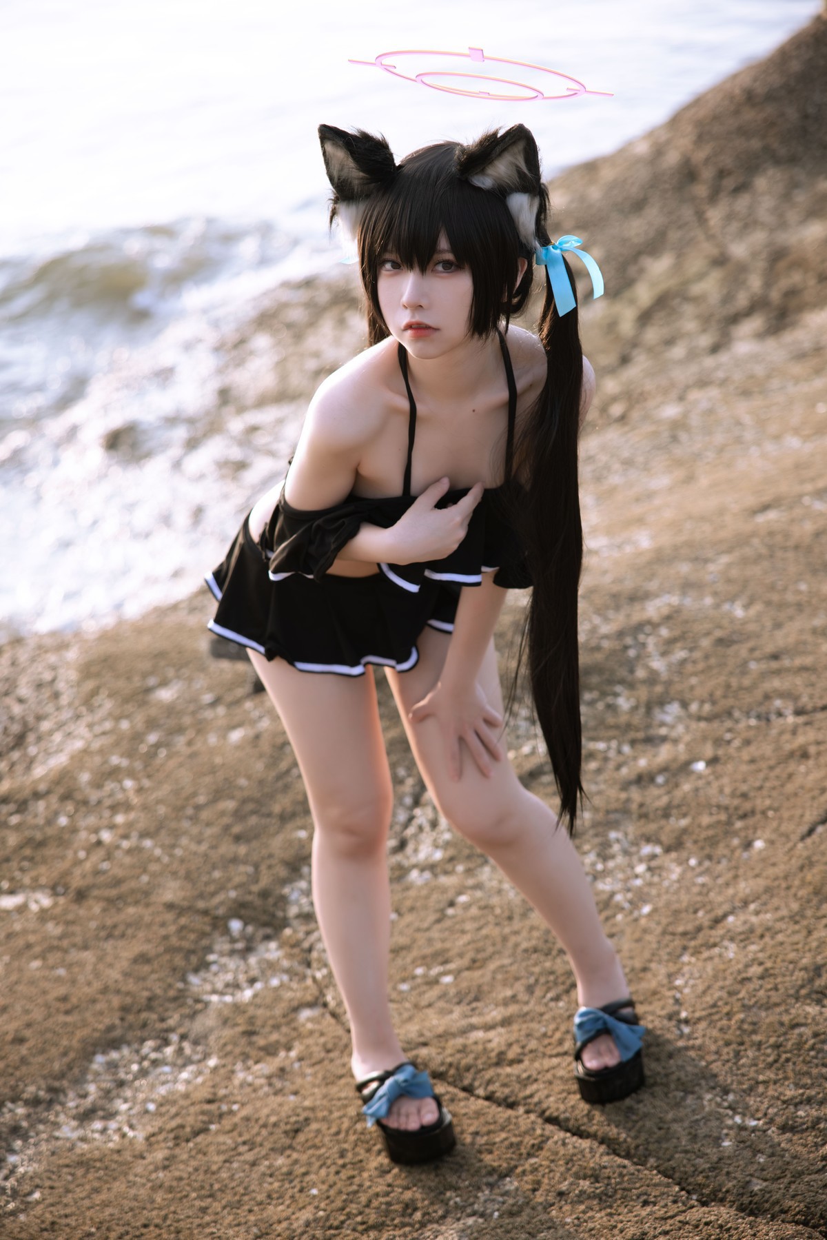Cosplay G44不会受伤 碧蓝档案 黑見芹香 海边泳装(17)