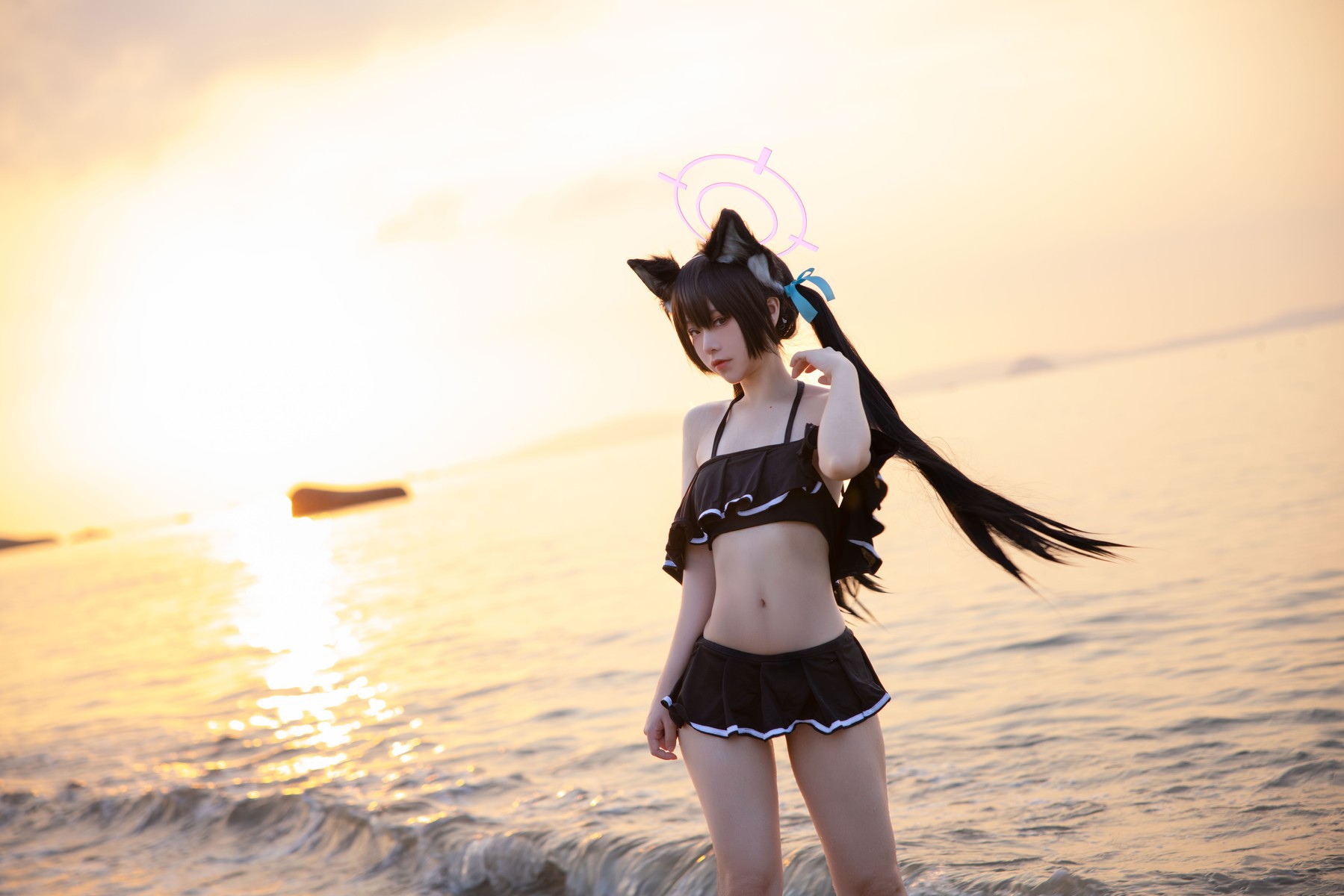 Cosplay G44不会受伤 碧蓝档案 黑見芹香 海边泳装(11)