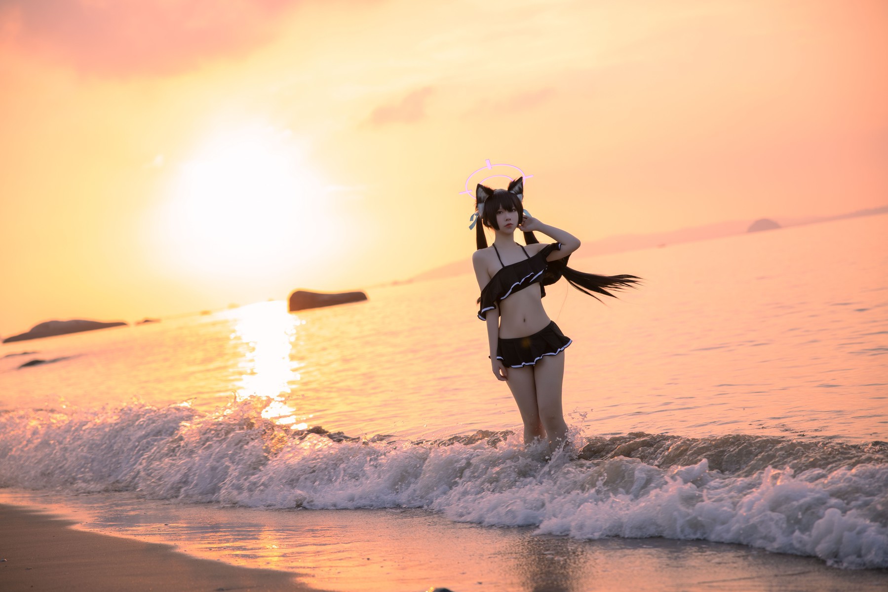 Cosplay G44不会受伤 碧蓝档案 黑見芹香 海边泳装(12)